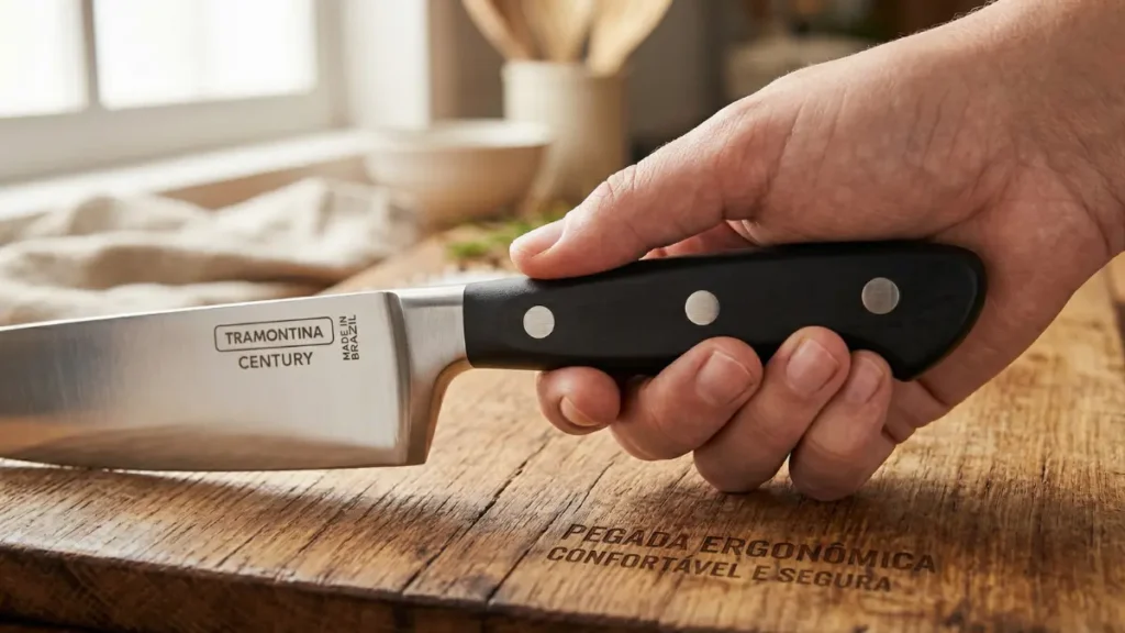 Detalhes do cabo ergonômico mostrando por que a Tramontina Century 8 vale a pena o investimento.