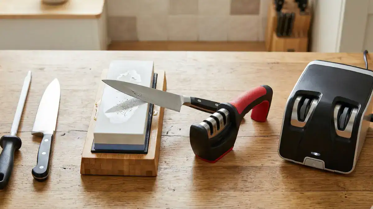 Chaira tradicional, pedra de amolar profissional, afiador manual com ranhuras e afiador elétrico com motor