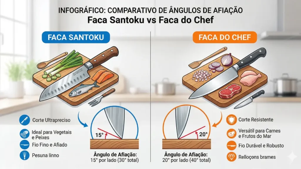 Infográfico mostrando os ângulos de afiação de 15 graus da Santoku vs 20 graus da faca do chef.