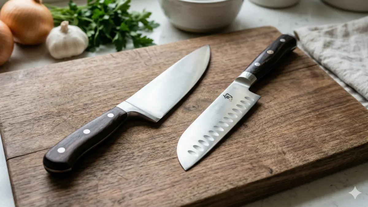 Faca do chef clássica e faca santoku lado a lado evidenciando a diferença de ponta e curvatura.