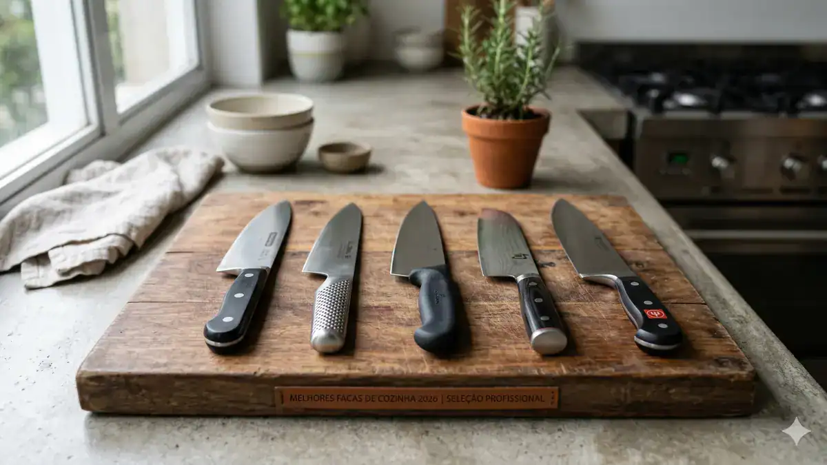 Conjunto com as melhores facas de cozinha profissionais de 2026 sobre uma tábua de madeira.