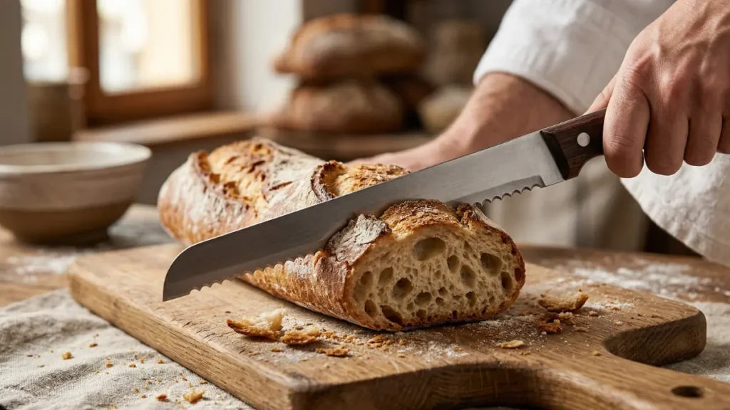 tipo de faca serrilhada cortando a baguete