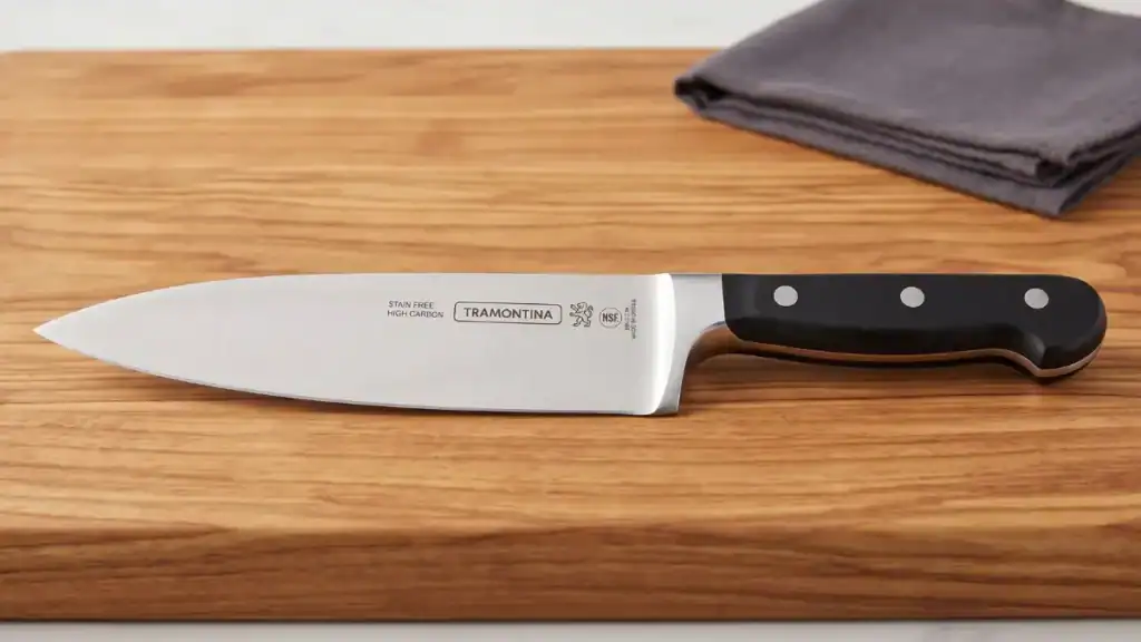 Tramontina Century vs Victorinox Comparação visual de duas facas de chef de 8 polegadas.