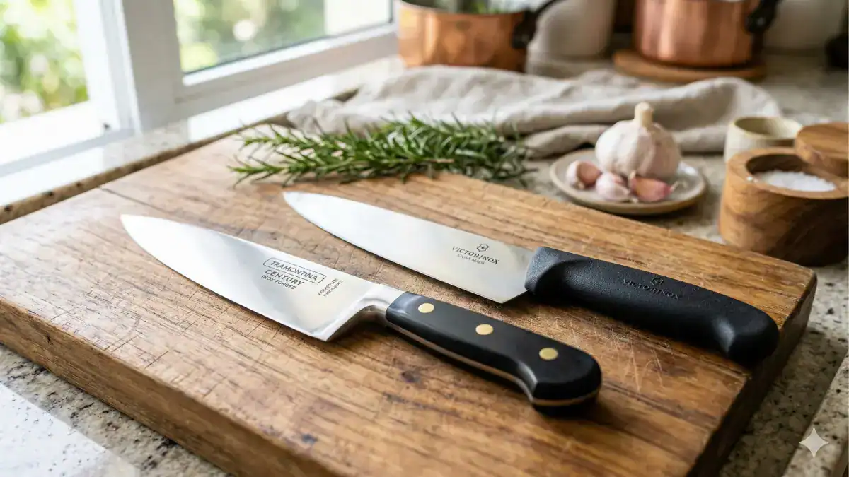 Tramontina Century vs Victorinox: Comparação visual de duas facas de chef de 8 polegadas, sendo a Tramontina forjada com rebites (esquerda) e a Victorinox estampada (direita), sobre uma tábua de madeira.