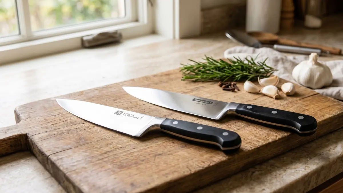 Imagem ilustrativa de bancada de cozinha com duas facas de chef de 8 polegadas lado a lado sobre uma tábua de madeira rústica. À esquerda, uma faca Zwilling Pro de design alemão com colarinho curvo. À direita, uma faca Tramontina Century brasileira, robusta e com três rebites no cabo. Alecrim e alho frescos desfocados ao fundo. Comparação visual focada em SEO para o comparativo 'Zwilling Pro vs Tramontina Century'.